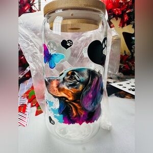 NEW Colorful Dachshund Cup w/Bamboo Lid & Glass Straw